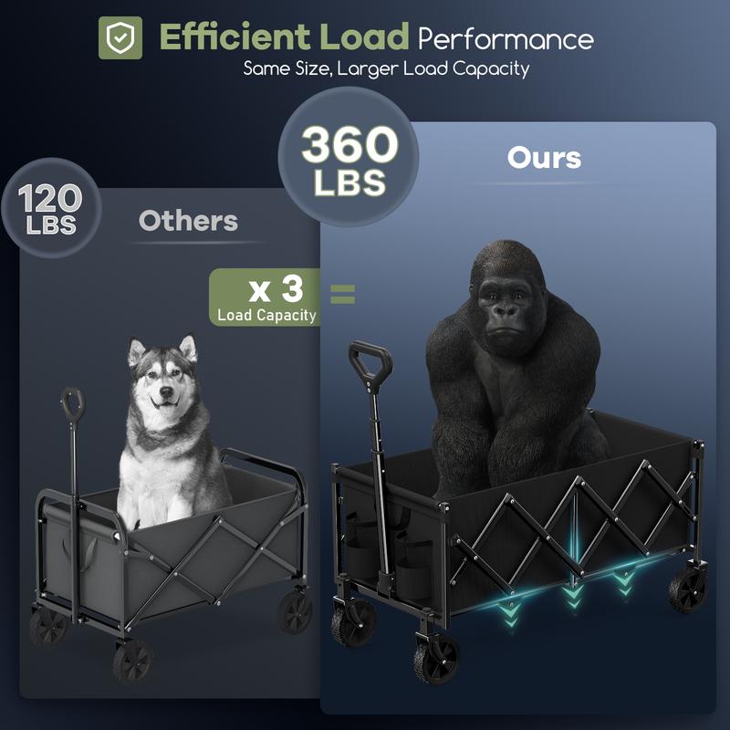 Collapsible Wagon Cart Foldable 34'' Extra Long, 360LBS Heavy Duty Folding Gardening Cart with Wheels, Portable Utility Outdoor Wagon for Grocery, Shopping, Sports, Camping, Black