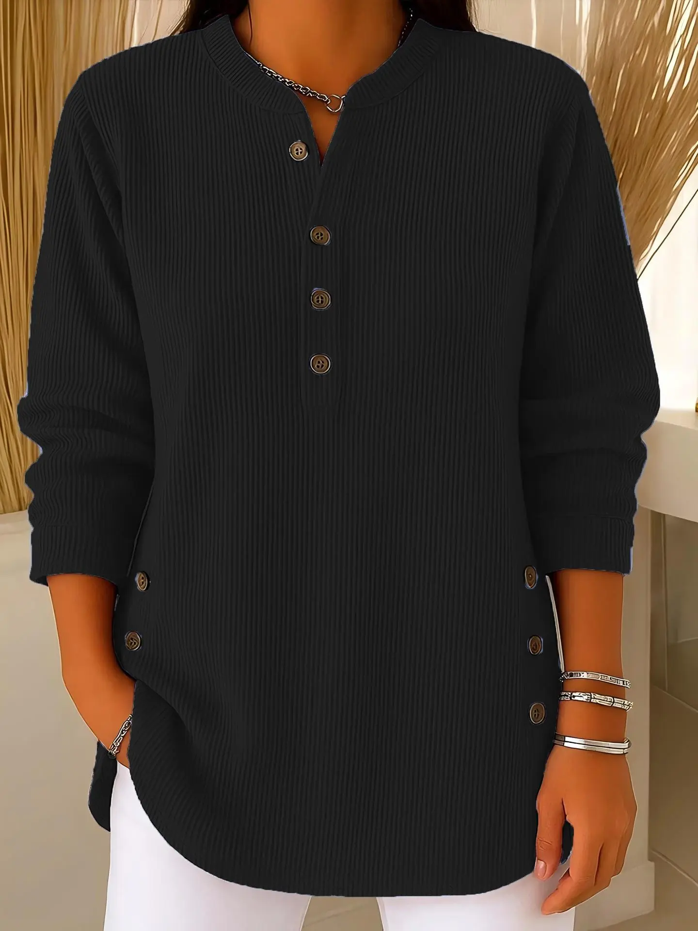 Women's Oversized Long Sleeve Corduroy Button-Down Tunic Sweatshirt - Basic, Lightweight, Comfortable, Elegant T-Shirt with Loose Side Slits