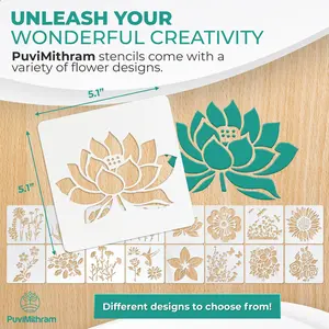 PuviMithram Flower Stencils for Painting on Wood - Set of 16 - Compostable PLA Craft Stencils for Painting on Walls, Canvas, Metal, Ceramic - Reusable and Washable Paint Stencils - 5.1 x 5.1 Inches