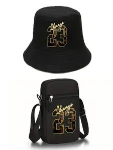 Set of 2pcs Chicago Lettered Print Unisex Fisherman's Hat & Casual Crossbody Bag, Ideal for Street Style & Outdoors, Adjustable Crossbody Strap, Stylish Crossbody Bags