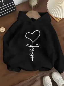 Girls' Hooded Sweatshirt Heart Faith Design, Simple Letter Pattern, Comfortable and Durable, Spring & Fall Casual Wear, Graphic Hoodies