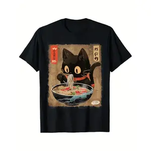 Mens Cat Ramen Anime TShirt Featuring a Fun and Cute Design Comfortable Crew Neck Ideal for Daily Wear Travel and Exercise