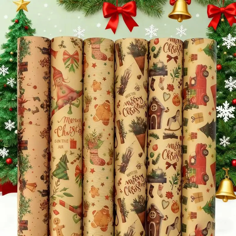 Vintage Yellow Wrapping Paper (6 Sheets, Festive Look) with Reindeer & Tree Designs, Christmas Gifts for Holiday Party Gift Wrapping Accessories, Stocking Stuffers, Six Sheets