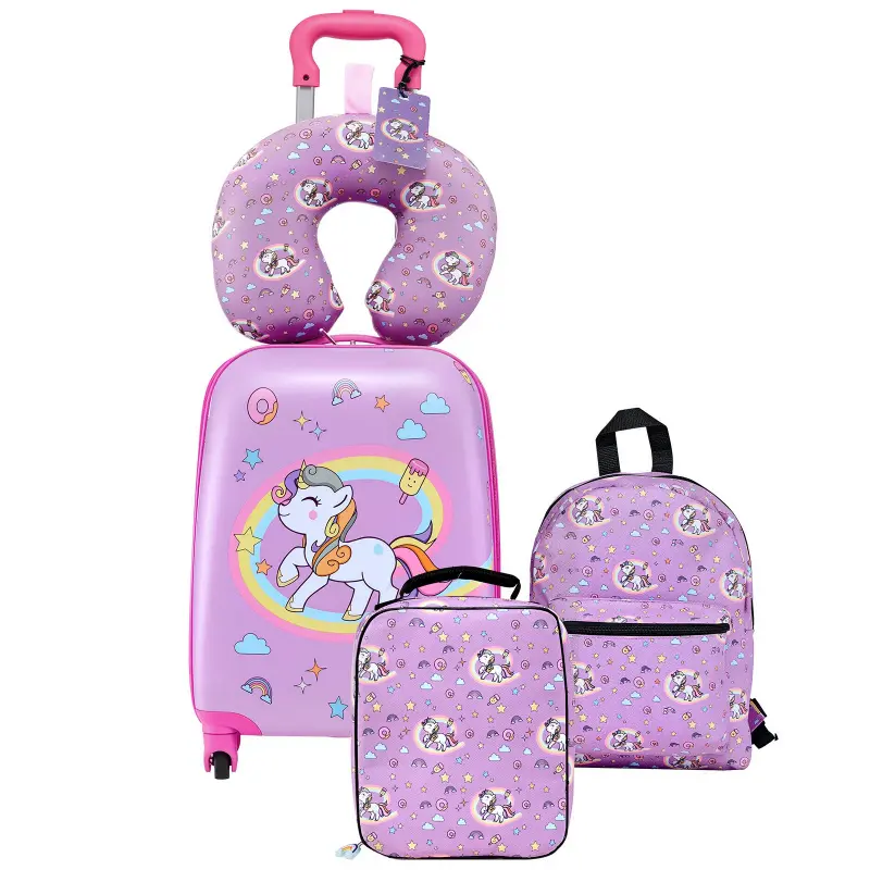【Summerfinds】VEVOR Cute 5-Pcs Unisex Kids Travel Gear Luggage Set - 18in ABS Hardside Lightweight Spinner Wheels Suitcase, Unicorn Graphic Backpack, U-Shape Neck Pillow, Luggage Tag - Airline Approved Holiday Gift for Girls Boys, Grows with Kid