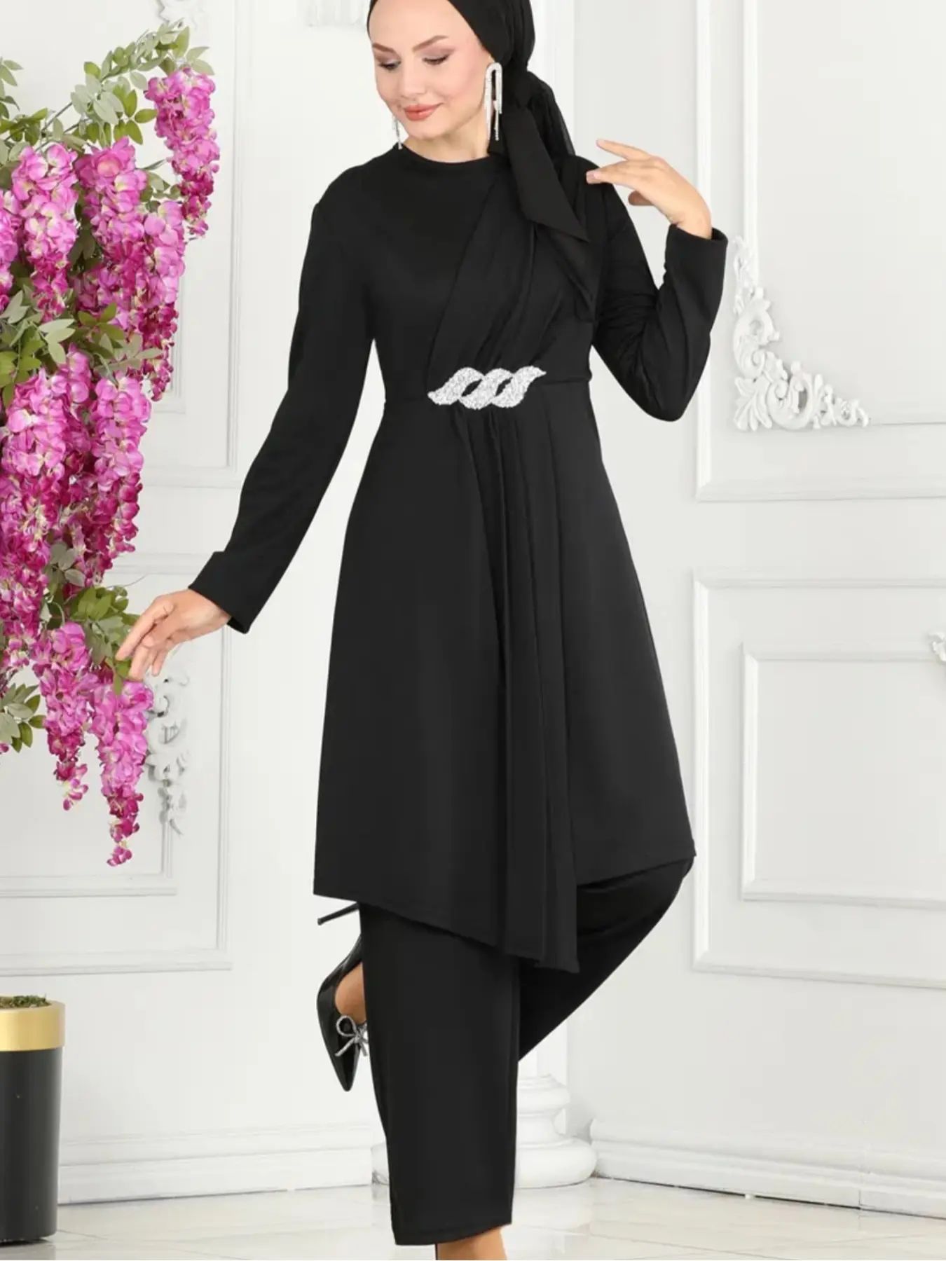 Women's Casual Long Sleeve Top & Wide Leg Pants Set, Fashionable Solid Color, Modest, Comfortable Loose Fit, Perfect for Daily Wear, Abaya Hijab Set