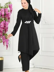 Women's Casual Long Sleeve Top & Wide Leg Pants Set, Fashionable Solid Color, Comfortable Loose Fit, Perfect for Daily Wear, Abaya Hijab Set