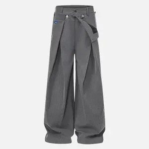 Aelfric Eden Double Waist Pleated Baggy Pants High Waist Asymmetric Double Waistband Triangle Stud Detail Vertical Stripe Fabric Oversized Baggy Wide Leg Deconstructed Streetwear Unisex Bottoms