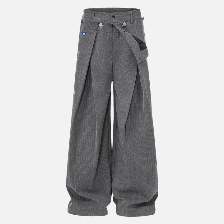 Aelfric Eden Double Waist Pleated Baggy Pants High Waist Asymmetric Double Waistband Triangle Stud Detail Vertical Stripe Fabric Oversized Baggy Wide Leg Deconstructed Streetwear Unisex Bottoms
