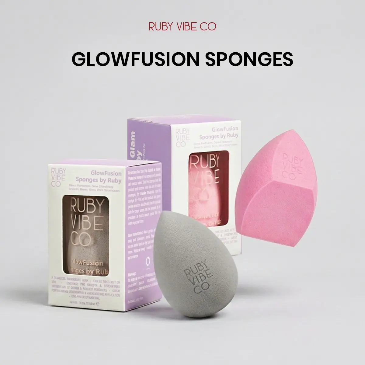 [RUBY VIBE CO] GlowFusion Sponge 1 Pack Soft Latex-Free Crystal-Velvet Makeup Sponge for Seamless Wet or Dry Blending Pink Gray