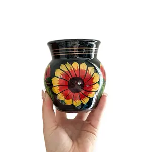 Sunflower Ceramic Jarrito Coffee Mugs - Reusable Clay Design, Ideal for Coffee Drinking - Reuse, Drinkware, Washable Traditional Ceramic, Handmade & Decorated, Lead Free, Keeps Hot/Warm, 12oz Capacity - Tumbler Mexican mug