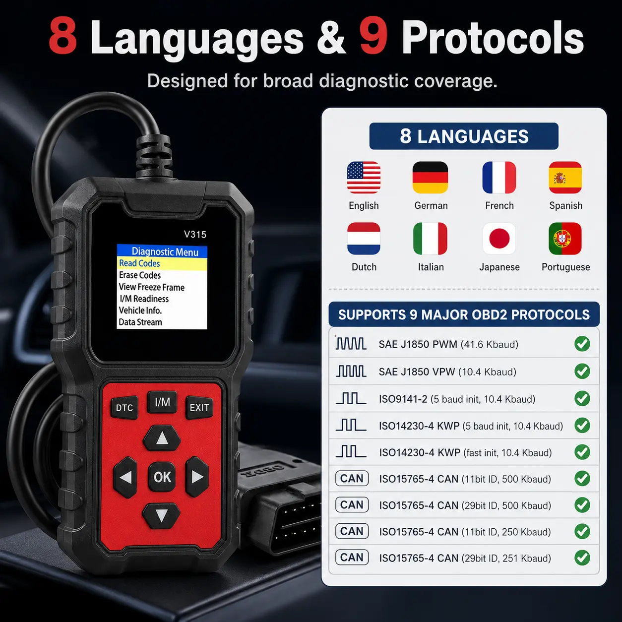 OBD2 Scanner Diagnostic Tool, Car Engine Fault Code Reader with DTC Lookup, Live Data, Freeze Frame and I/M Readiness