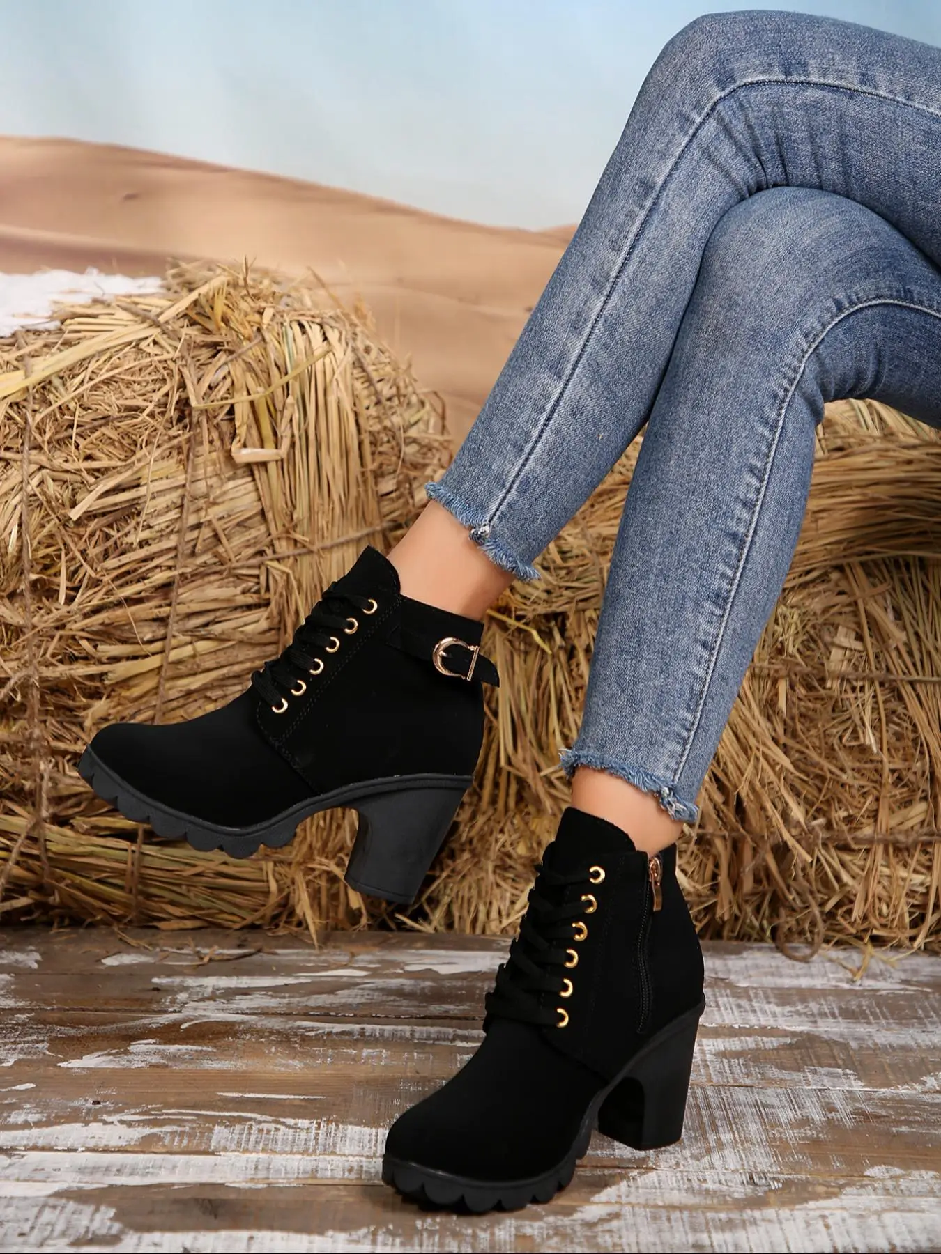 Women's Fashionable Solid Color Block Heel Ankle Boots, Casual Comfortable Round Toe Footwear for Daily Wear, Female All-match Trend Walking Shoes