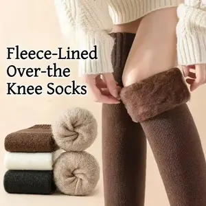 Autumn and Winter Fleece-Lined Warm Over-the-Knee Socks, 1 pair of Women's Thick Warm Socks, Casual, Warm and Comfortable, Protects the Knees, Soft and Comfortable Solid Color Socks for Autumn and Winter