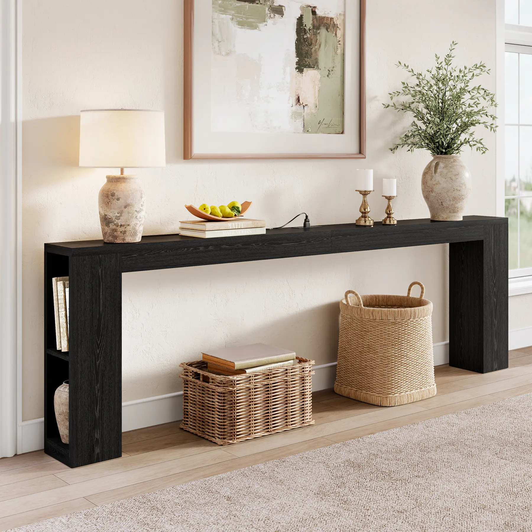 94.5" Narrow Console Table with USB Charging & Storage, Black | 94.5"Extra Long Slim, Behind Sofa Couch Table with Outlet, Black Wood Finish, for Entryway,Hallway, Easy Assembly