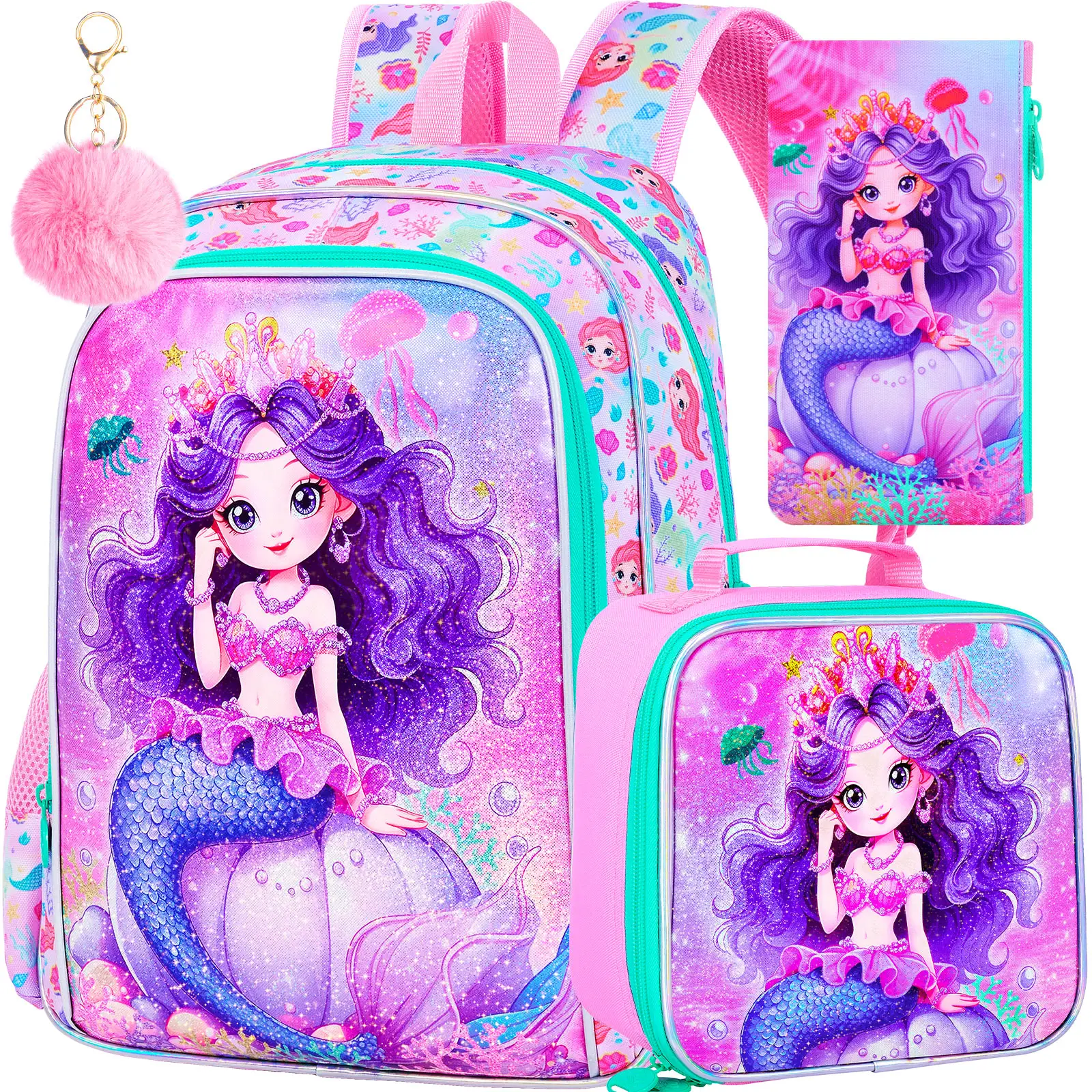 3Pcs Mermaid Backpack for Girls, 16" Kids Bookbag with Lunch Box, School Backpacks Set for Elementary Preschool Kindergarten(Pink)