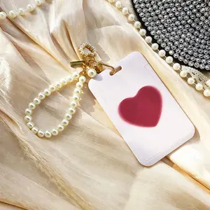 💖 1pc Pink heart-shaped pattern ID Badge Holder w/ Pearl Keychain - Durable Plastic Card Protector for Campus/Office (access card/Bus Pass), Slide Cover Design, Gift-Ready School Essential!
