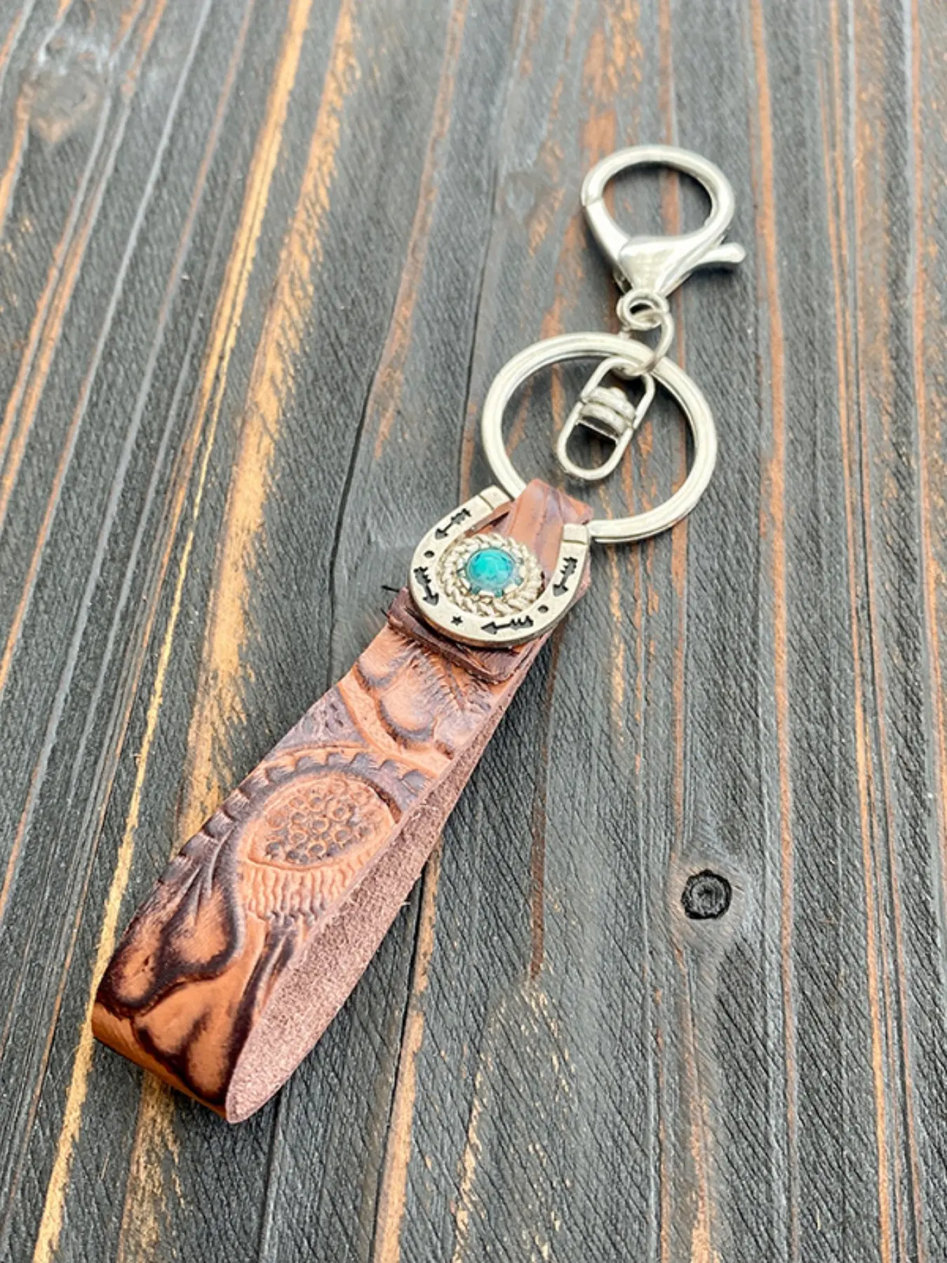[Vintage Western Keychain] Vintage Western PU Leather Keychain | Turquoise Stone Embossed Boho Charm | Unisex Backpack Accessory Keychain For Purse Accessories Keyrings Keychain For Bags