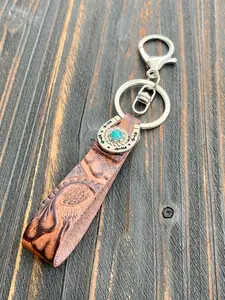 [Vintage Western Keychain] Vintage Western PU Leather Keychain | Turquoise Stone Embossed Boho Charm | Unisex Backpack Accessory