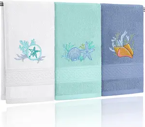3 Pack Coastal Hand Towels for Bathroom  Cotton Embroidered Beach Bathroom Towels 13.78 x 29.53 Inch Soft Absorbent (White Green Blue, Seashell)
