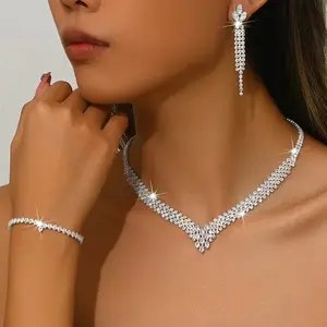 3-Piece Rhinestone Jewelry Set for Brides & Bridesmaids: V-Shape Statement Necklace, Earrings, and Tennis Bracelet