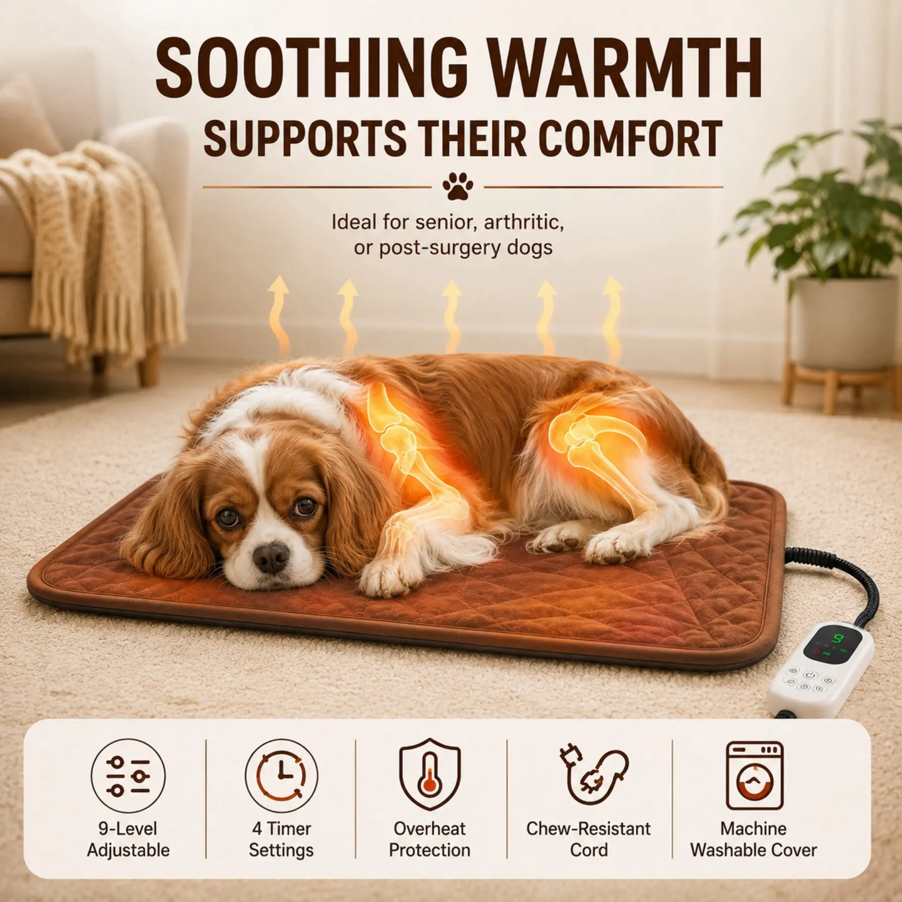 9-Setting Pet Heating Pad for Dogs & Cats - Waterproof Mats, 9-Level Adjustable, Dual-Layer Design, Chew-Resistant Cord, Auto Timer, Machine Washable Cover, Senior-Pet Safe Winter Warmth Bed