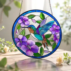 Hummingbird & Purple Flower Stained Glass Suncatcher: Garden Window Decor