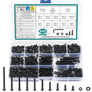 945 count M3 Screws Assortment Kit, Metric Nuts and  Assortment Kit, Hex Socket Button  Cap Screw  and Nuts Kits, Hex Socket Screw Set, Machine Screws Set, with Spanner(Black)