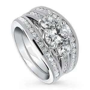 BERRICLE Sterling Silver 3-Stone Engagement Rings Statement Stackable Band for Women, 1.2 Carat Oval Cut Cubic Zirconia CZ Ring Set