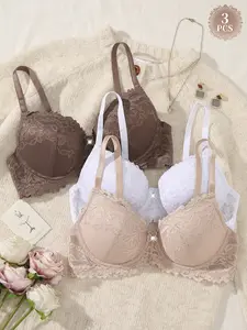 3PCS Women's Lace Underwire Bra, Push-Up Natural Lift and Anti‑sagging ,Breathable Buttery Soft, Elegant Slimming Adjustable Straps,for Dates night Everyday Daily Wear Underwear