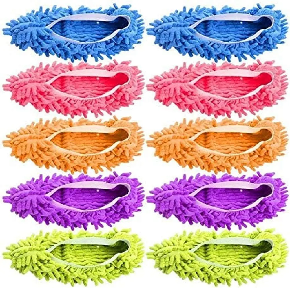 Microfiber Cleaning Slippers - 5 Pairs Washable Shoe Covers for Easy Floor Dusting & Mopping - Adjustable Fit - Soft Chenille Material - Multi-Use for Wood, Tile, Linoleum, Cement - Machine Washable