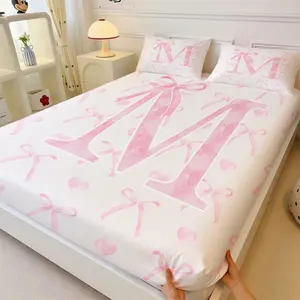 Personalized Initial M Bow Fitted Sheet Set, 1/2 Pillowcases Custom Pink Watercolor Ribbon & Heart Print Bedding, Soft Microfiber Bed Linen for Girls Teens, All Season Bedroom Decor, Custom Name Gift
