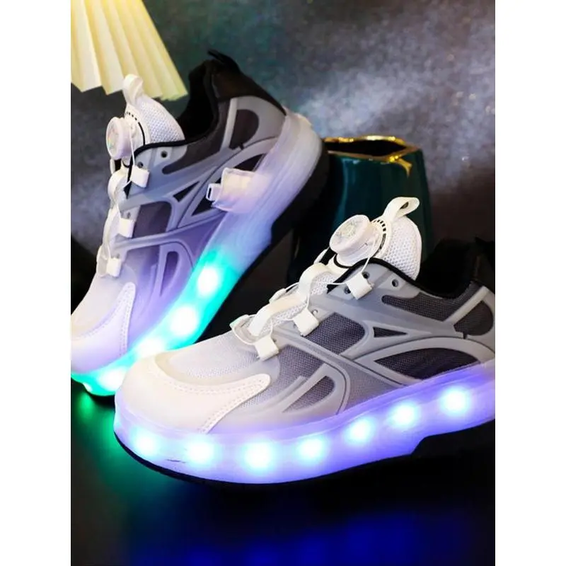 Kids' Light Up Roller Skate Sneakers, PU Leather Pink Trainers for Boys & Girls, USB Rechargeable Shoes for Casual Daily Wear, Round Toe, Net, Glowing Light-Up Trainers, Light-Up Trainers