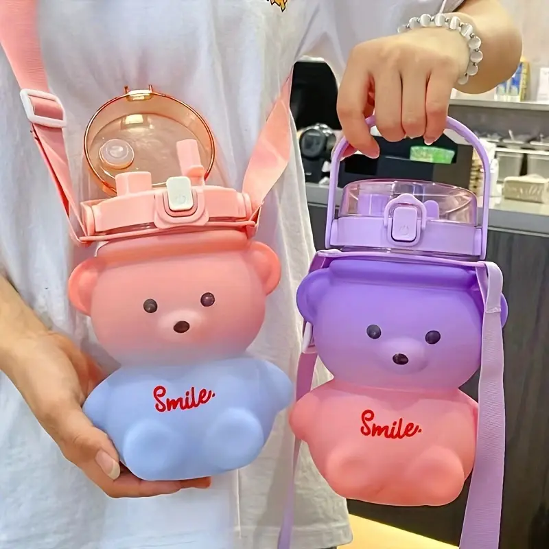 1pc Cute Bear Water Bottle, BPA-Free Heat-Resistant Large-Capacity Drinkware with Straw & Shoulder Strap, Portable Kettle