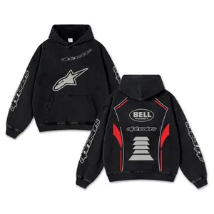 Retro Bellhelmet Alpinestars Racing Washed Hoodie MotorGP World Champion Enthusiast Apparel Streetwear Racing Team Super Motorsports Clothing Motobike Riders Supermotor Off-Road Dirt Bike Fan Gear Cotton For Motor Fan