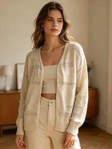 Loose V-Neck Hollow Out Knit Cardigan Women's Jacket, Long Sleeve Outerwear, Lightweight Sun Protection, Slim Fit, Versatile Fashion Top