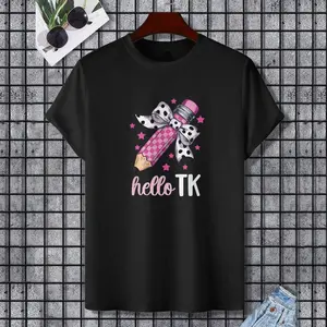 Hello TK Teacher Cute Transitional Kindergarten Student T-Shirt, 100% Cotton, Single Side Printed, Black Short Sleeve T-shirt, Gift for Family Friends, S-XXXL, 1 pc, Fabric Weight 180g