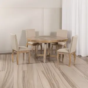 TREXM 5-Piece Farmhouse Dining Table Set Wood Round Extendable Table with 4 Upholstered Chairs Natural Wood Wash Finish Rustic Charm