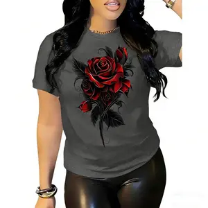 Wo Long Sleeve T-Shirt Stunning Red Rose Graphic Tee Romantic and Edgy Top Casual Daily Wear Date Nights and Fashion-Forward Outfits