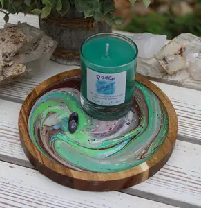 Candle HolderHand Painted Wood Candle Holder with Peace Candle and Amethyst, Aquamarine, Clear Quartz Crystals