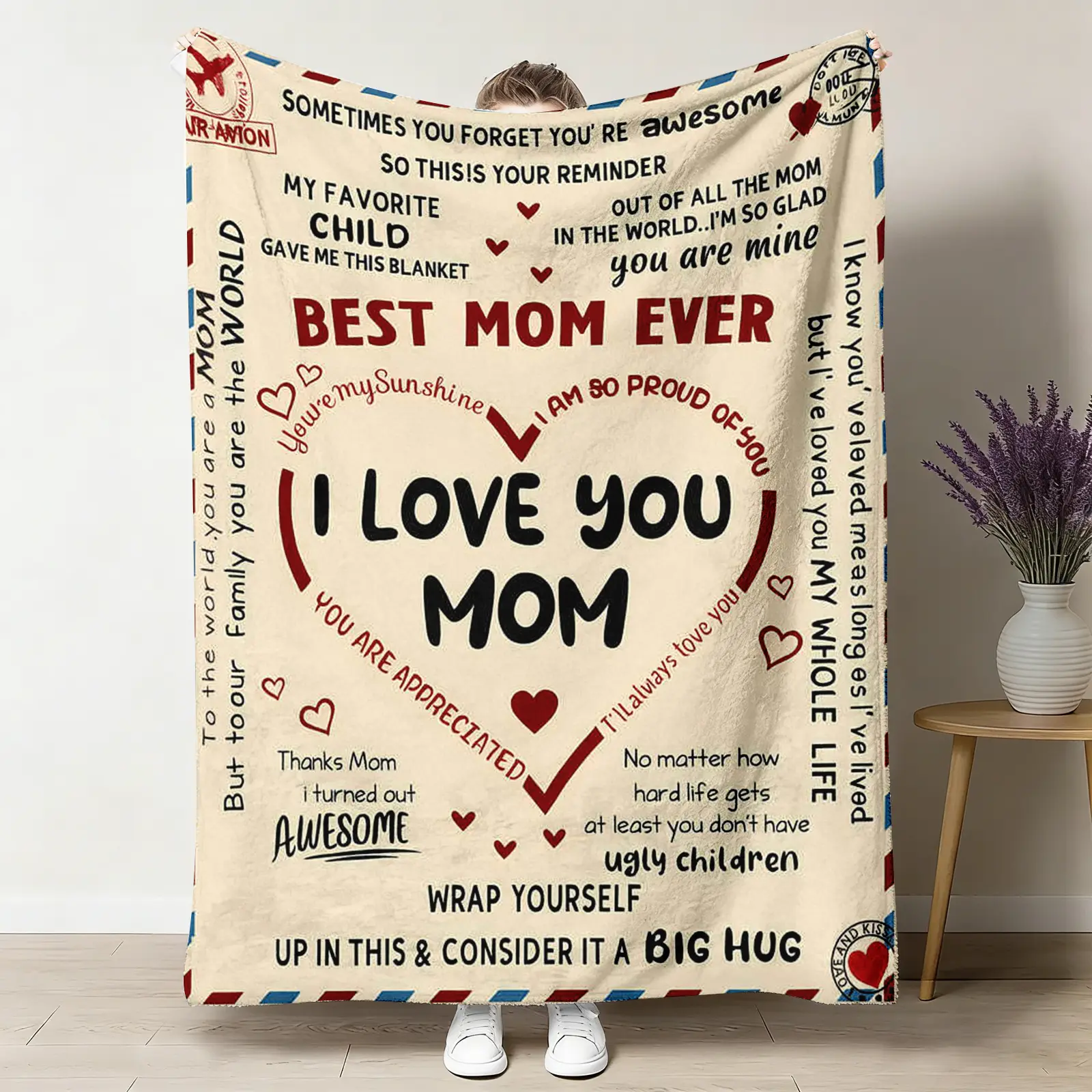 Letter To Mom Flannel Blanket 1 Count Soft Comfortable Warm Throw 50x60 Best Mom Ever Pattern Nap Blanket for Home Sofa Travel Air-conditioned Room Four Seasons Gift for Mom ﻿