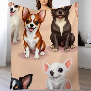 Cute Chihuahua Puppies Pattern Flannel Blanket, Soft Warm Plush Fleece Throw, Light Beige Background, Various Colors & Expressions, Cartoonish & Playful Design, Ideal For Sofa Bed Living Room Bedroom - Machine Washable, Cozy All Seasons