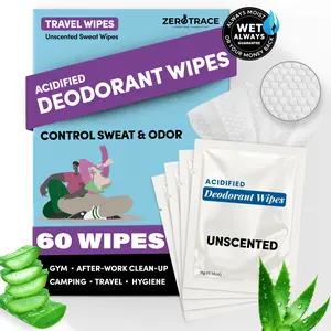 Zero Trace Travel Deodorant Wipes - 60 Count- 24 Hour Odor Control - Aluminum Free Hypoallergenic Deodorant For Women and Men - Individually Wrapped Underarm & Body Wipes - Uscented Bare Fresh Aloe Gentle