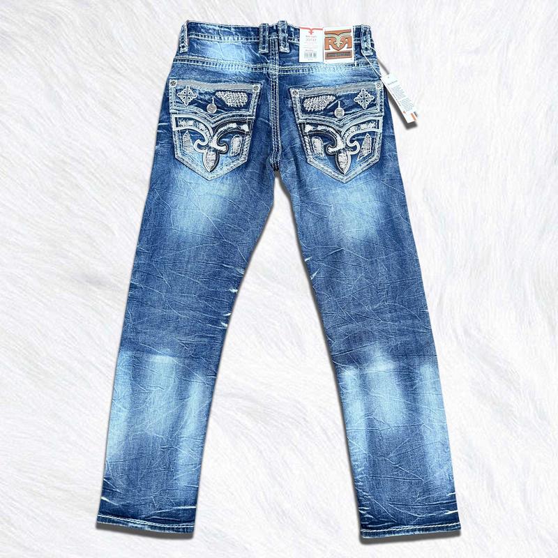 Rock Revival Blue Straight Leg Jeans for Men – Western Cowboy Embroidered Denim – Heavy Stitch Back Pocket – Y2K Street Style Jeans – Premium Vintage Wash