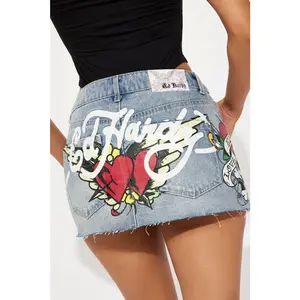 Ed Hardy Skull Denim Mini Skirt - Light Wash L