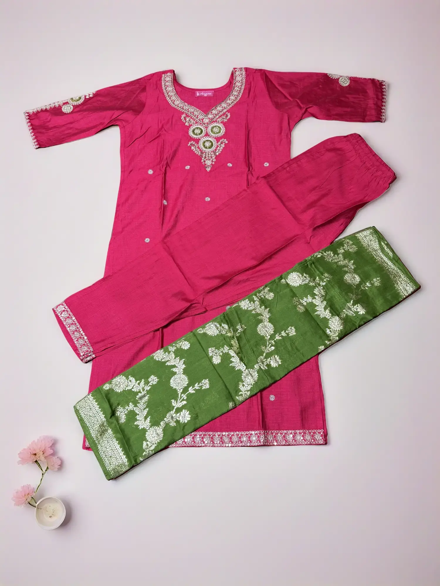 Women's Embroidered Silk Blend Suit Set with Printed Dupatta – Elegant Three-Piece Outfit