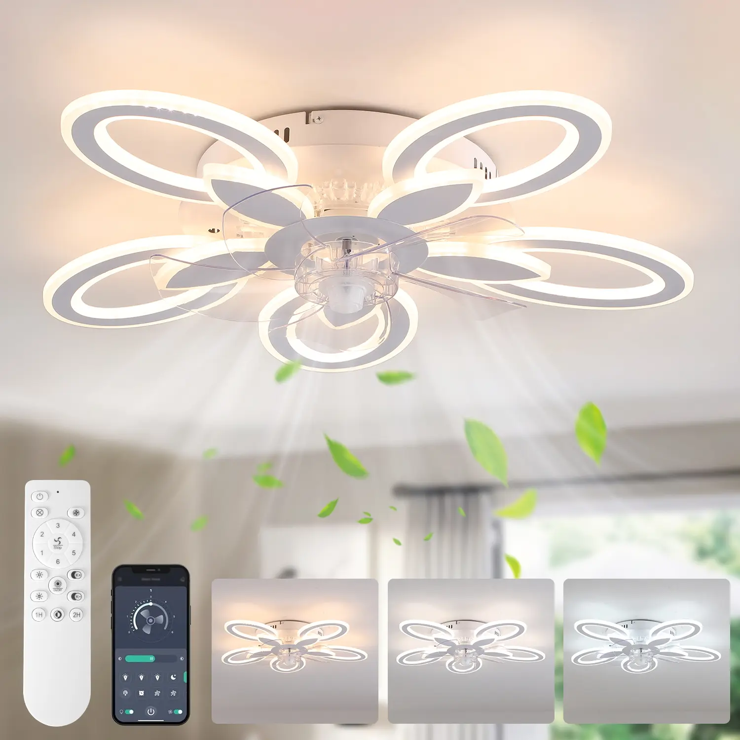 26'' Ultra-Thin Modern Low Profile Flower Ring Flush Mount Ceiling Fan Light, Plastic-Iron Fandelier with Remote & APP Control, 6-Speed Reversible Quiet Motor, Stepless Dimmer, Indoor Use for Mother's Day Stockup & Move-In Essentials