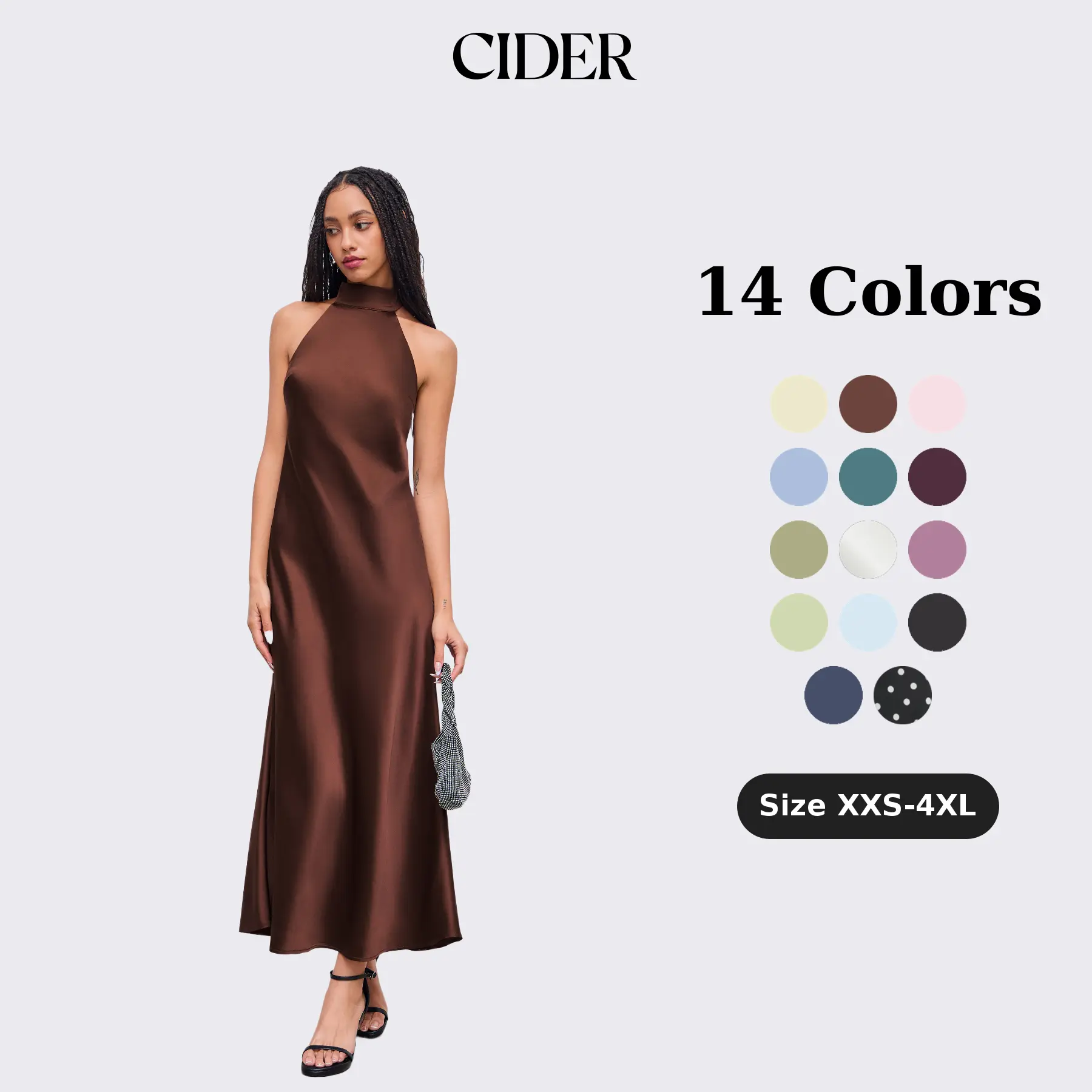 Cider Satin Maxi Dress – Halter Neckline Backless Open Back, Women's Elegant Minimalist Formal Evening Gown, 90s Chic Party Clubbing Wedding Guest Dress, Summer Fluid Fit