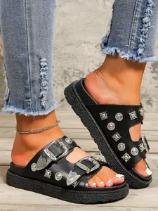 Summer New Fashion Rivet Thick Sole Belt Buckle Casual Outdoor One Strap Beach Sandals, Stylish Summer Footwear for Women, Beach Slides Sandals