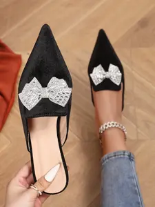 Women's Pointed Toe Flat Slip On Mules, Spring & Fall Fashion, Rhombic Diamond Bow Knot, Comfortable Soft Velvet, Casual Daily Wear