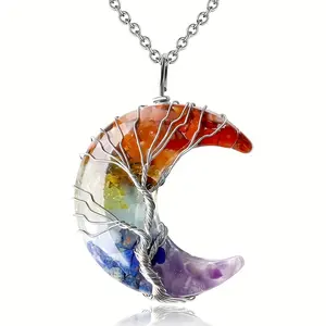 Tree Of Life & Crescent Moon Pendant Necklace - 7 Chakra Crystals, Natural Resin Reiki Quartz Gemstone, Spiritual Hippie Witch Jewelry Gift for Women, Wire Wrapped, Phase Stone, Necklaces